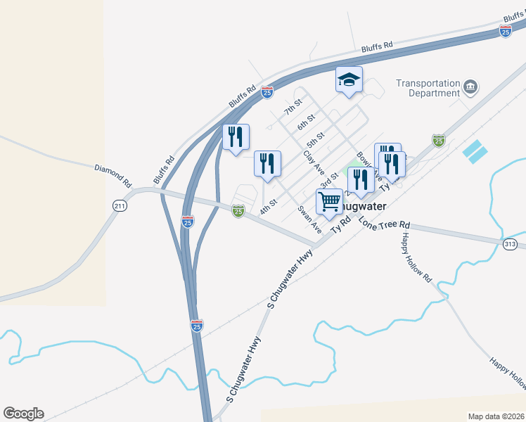 map of restaurants, bars, coffee shops, grocery stores, and more near 100 Buffalo Drive in Chugwater