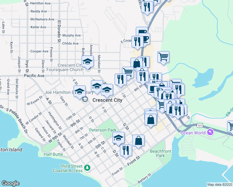 map of restaurants, bars, coffee shops, grocery stores, and more near 998 I Street in Crescent City