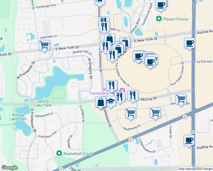 map of restaurants, bars, coffee shops, grocery stores, and more near 161-271 S Commons Dr in Aurora