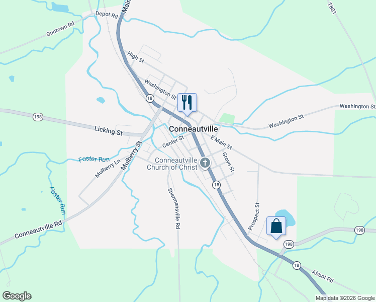 map of restaurants, bars, coffee shops, grocery stores, and more near Canal St in Conneautville