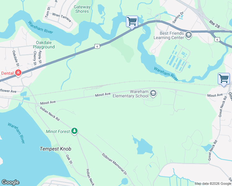 map of restaurants, bars, coffee shops, grocery stores, and more near 85 Minot Avenue in Wareham