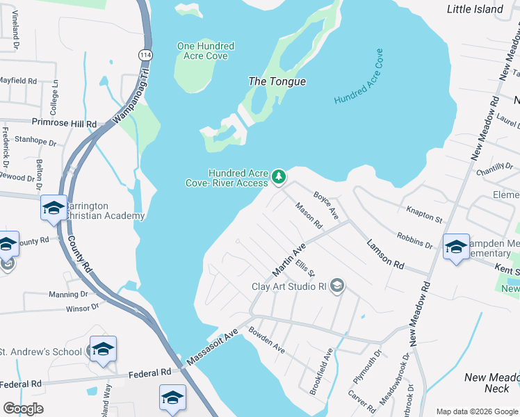map of restaurants, bars, coffee shops, grocery stores, and more near 63 Teed Avenue in Barrington