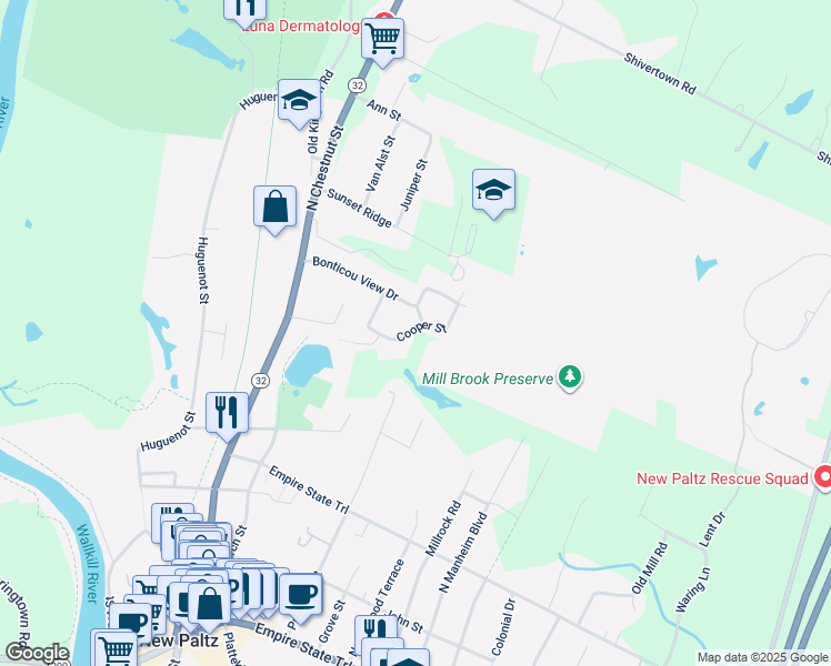 map of restaurants, bars, coffee shops, grocery stores, and more near 22 Cooper Street in New Paltz
