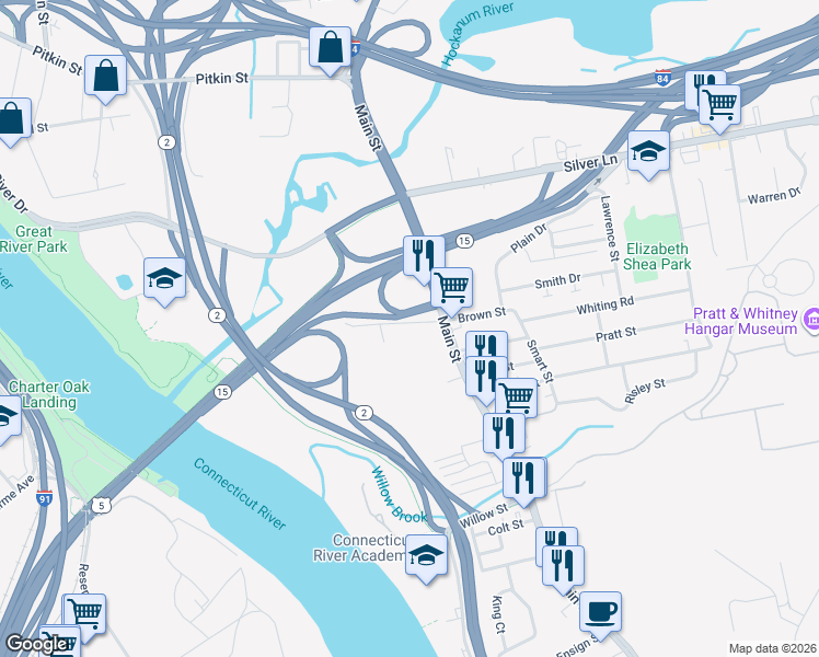 map of restaurants, bars, coffee shops, grocery stores, and more near 21 Willys Street in East Hartford