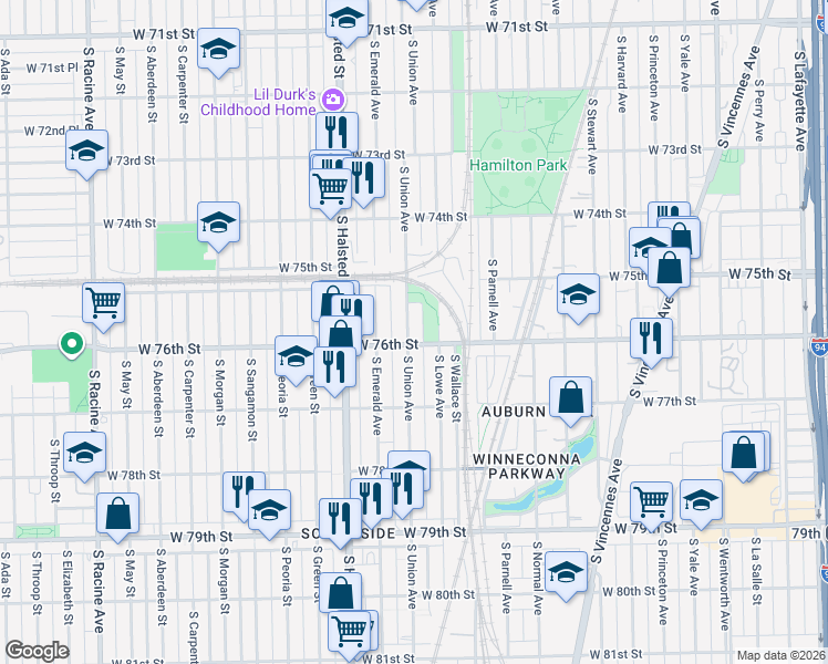 map of restaurants, bars, coffee shops, grocery stores, and more near 7549 South Union Avenue in Chicago