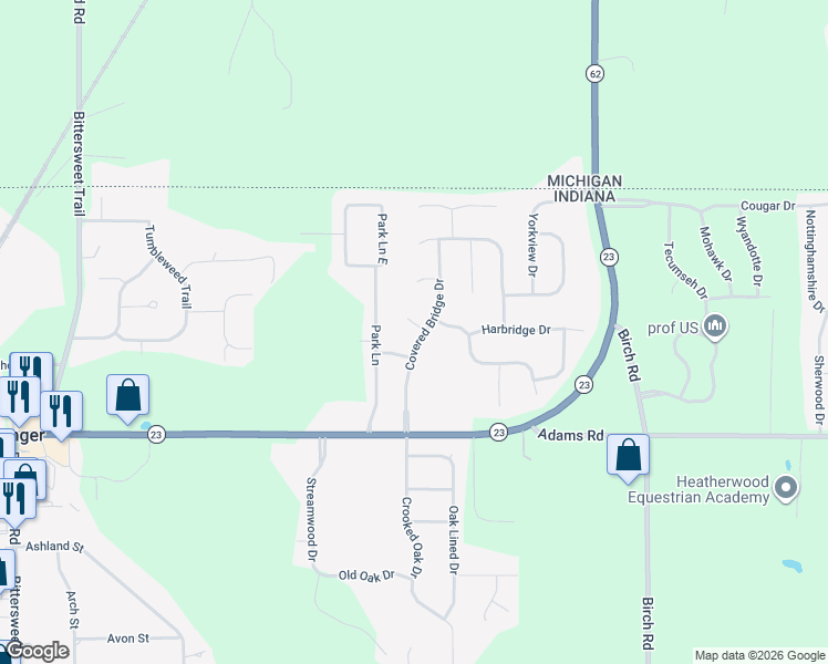 map of restaurants, bars, coffee shops, grocery stores, and more near 11692 Parke County Circle in Granger