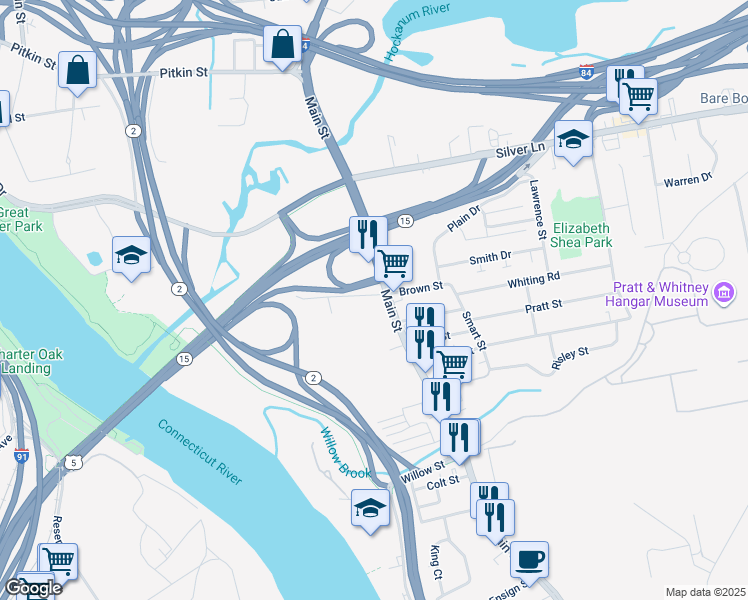 map of restaurants, bars, coffee shops, grocery stores, and more near 1 Willys Street in East Hartford