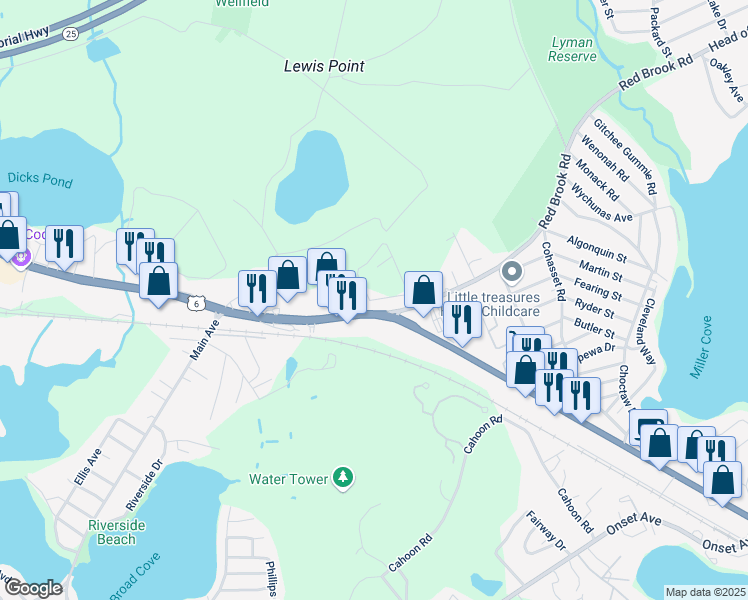 map of restaurants, bars, coffee shops, grocery stores, and more near 3102 Cranberry Highway in Wareham