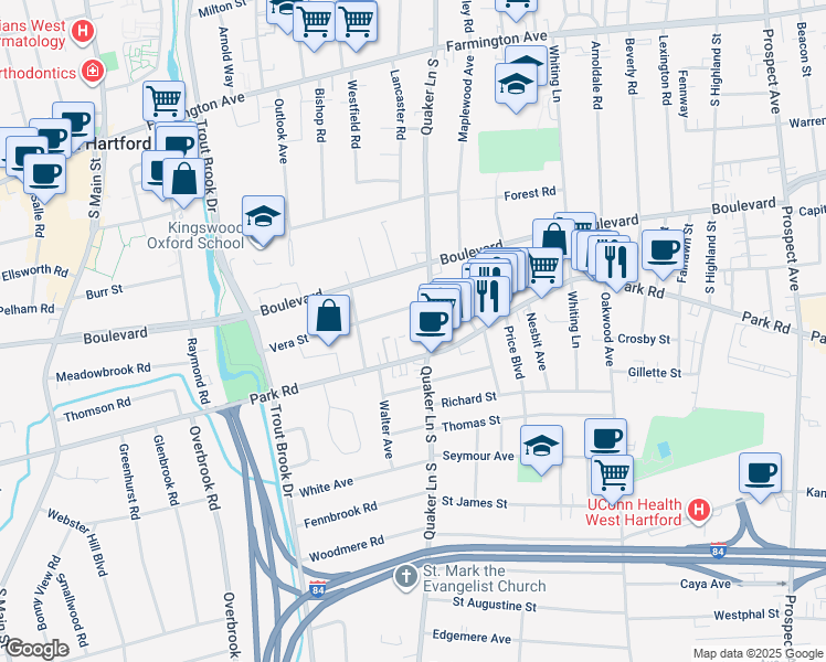 map of restaurants, bars, coffee shops, grocery stores, and more near 229 Quaker Lane South in West Hartford