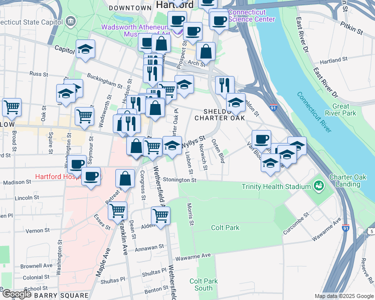 map of restaurants, bars, coffee shops, grocery stores, and more near 100 Wyllys Street in Hartford