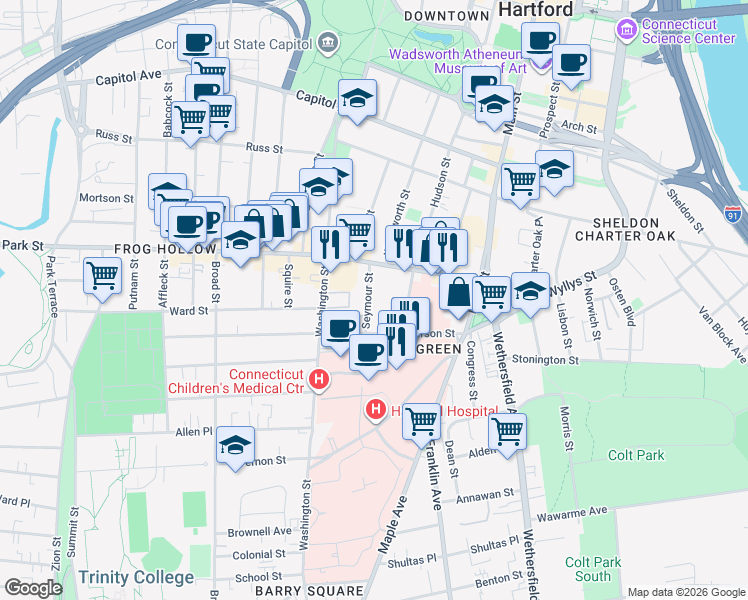 map of restaurants, bars, coffee shops, grocery stores, and more near 179 Seymour Street in Hartford
