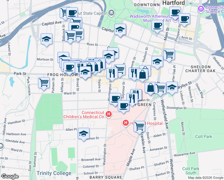 map of restaurants, bars, coffee shops, grocery stores, and more near 182 Washington Street in Hartford