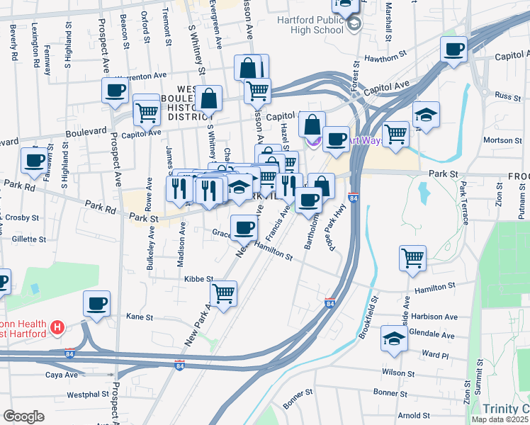 map of restaurants, bars, coffee shops, grocery stores, and more near in Hartford