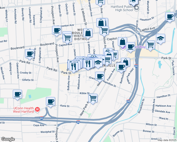 map of restaurants, bars, coffee shops, grocery stores, and more near 1850 Park Street in Hartford