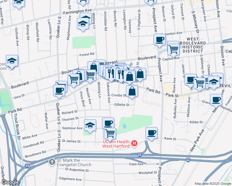 map of restaurants, bars, coffee shops, grocery stores, and more near 21 Kingston Street in West Hartford