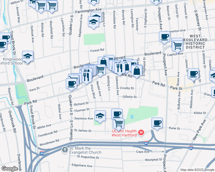 map of restaurants, bars, coffee shops, grocery stores, and more near 16 Mitchell Place in West Hartford