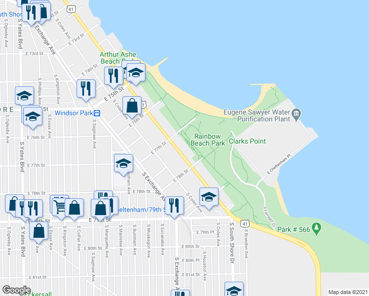 map of restaurants, bars, coffee shops, grocery stores, and more near 7733 South South Shore Drive in Chicago