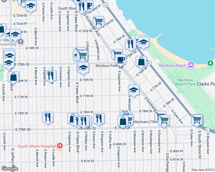 map of restaurants, bars, coffee shops, grocery stores, and more near 2543 East 76th Street in Chicago