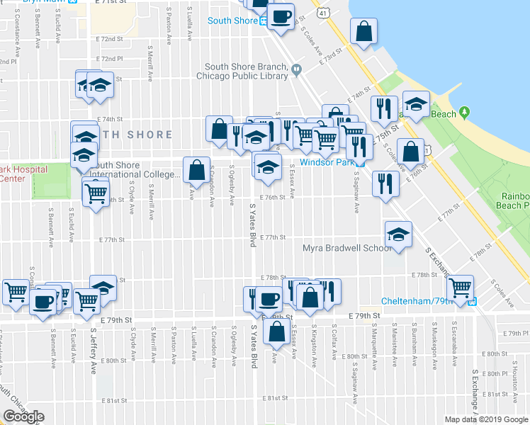 map of restaurants, bars, coffee shops, grocery stores, and more near 7604 South Phillips Avenue in Chicago
