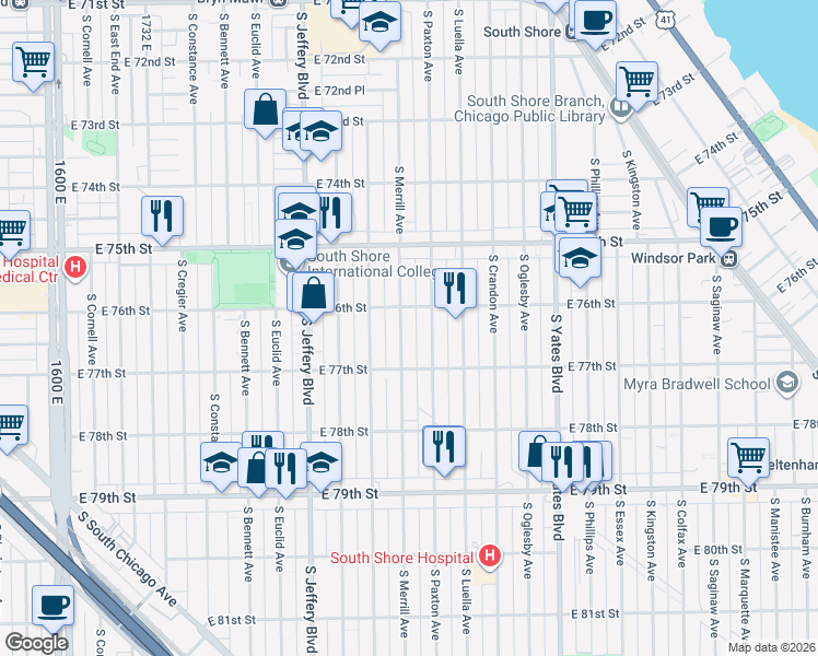 map of restaurants, bars, coffee shops, grocery stores, and more near 7600 South Paxton Avenue in Chicago