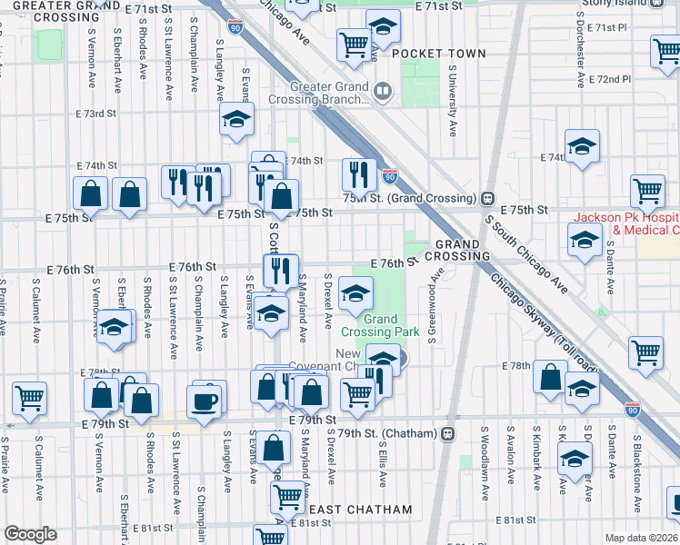 map of restaurants, bars, coffee shops, grocery stores, and more near 900 East 76th Street in Chicago