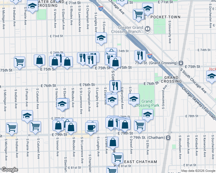 map of restaurants, bars, coffee shops, grocery stores, and more near 7553 South Evans Avenue in Chicago