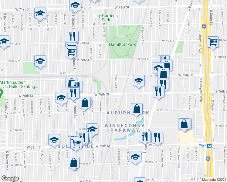map of restaurants, bars, coffee shops, grocery stores, and more near 550 West 75th Street in Chicago