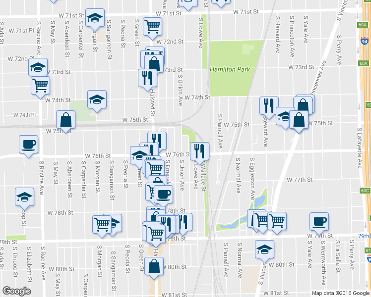 map of restaurants, bars, coffee shops, grocery stores, and more near 7530 South Union Avenue in Chicago