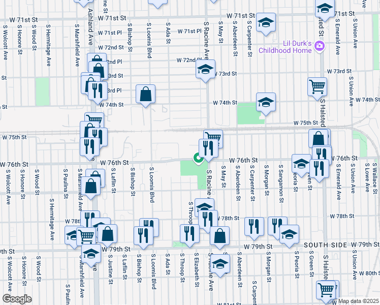 map of restaurants, bars, coffee shops, grocery stores, and more near 1200 West 76th Street in Chicago