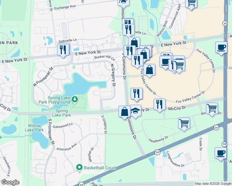 map of restaurants, bars, coffee shops, grocery stores, and more near 249 North Gregory Street in Aurora