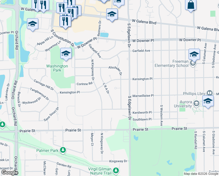 map of restaurants, bars, coffee shops, grocery stores, and more near 1920 Kensington Place in Aurora