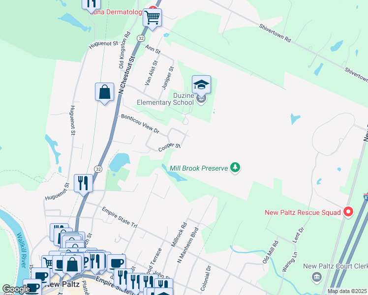 map of restaurants, bars, coffee shops, grocery stores, and more near 34 Cooper Street in New Paltz
