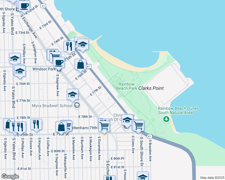 map of restaurants, bars, coffee shops, grocery stores, and more near 7733 South South Shore Drive in Chicago