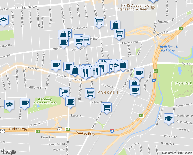 map of restaurants, bars, coffee shops, grocery stores, and more near 1906 Park St in Hartford