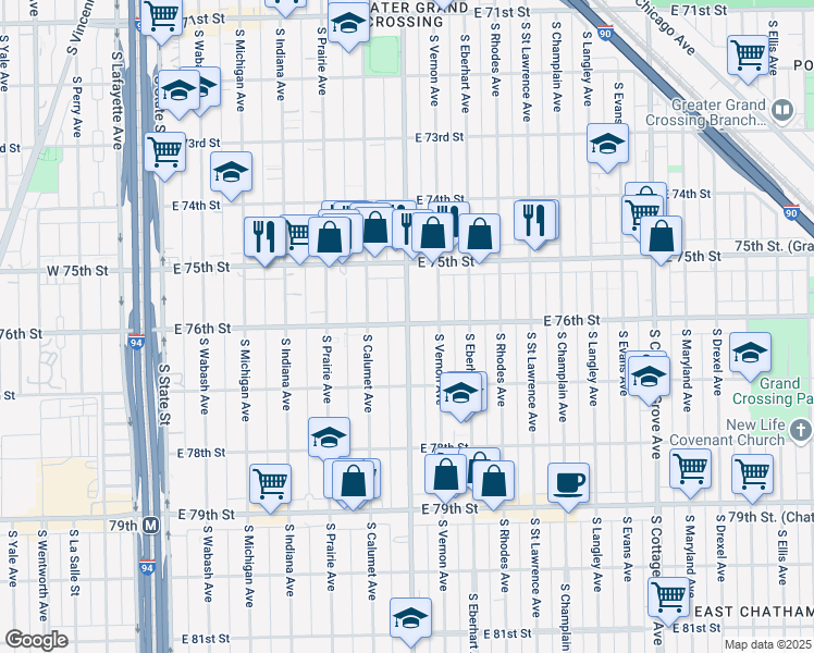 map of restaurants, bars, coffee shops, grocery stores, and more near 7549 South Doctor Martin Luther King Junior Drive in Chicago