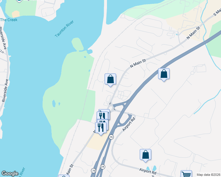 map of restaurants, bars, coffee shops, grocery stores, and more near 4548 North Main Street in Fall River