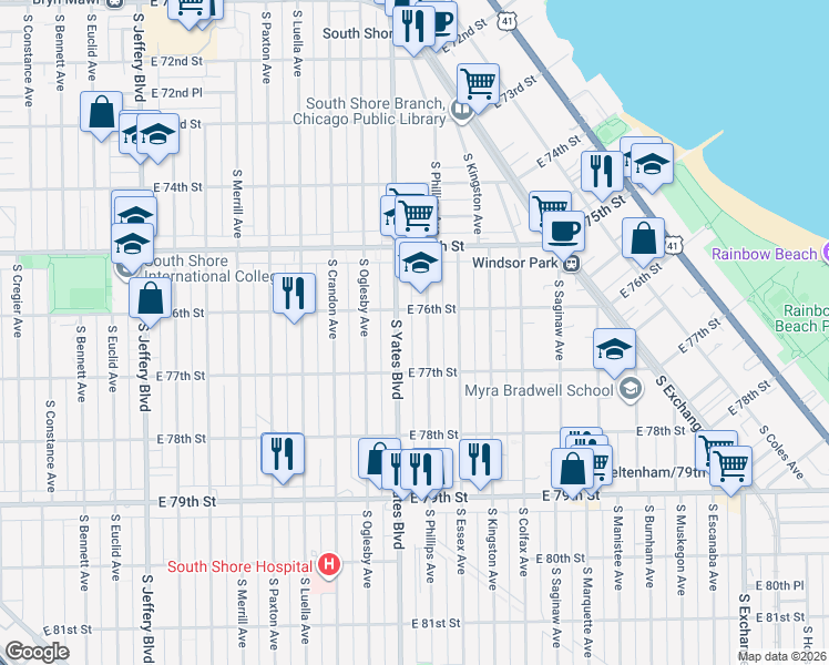 map of restaurants, bars, coffee shops, grocery stores, and more near 7604 South Phillips Avenue in Chicago