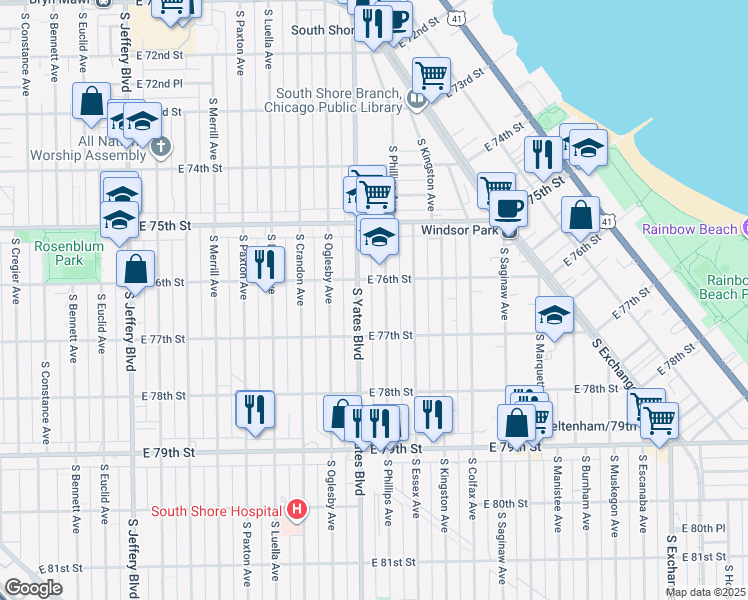 map of restaurants, bars, coffee shops, grocery stores, and more near 7604 South Phillips Avenue in Chicago