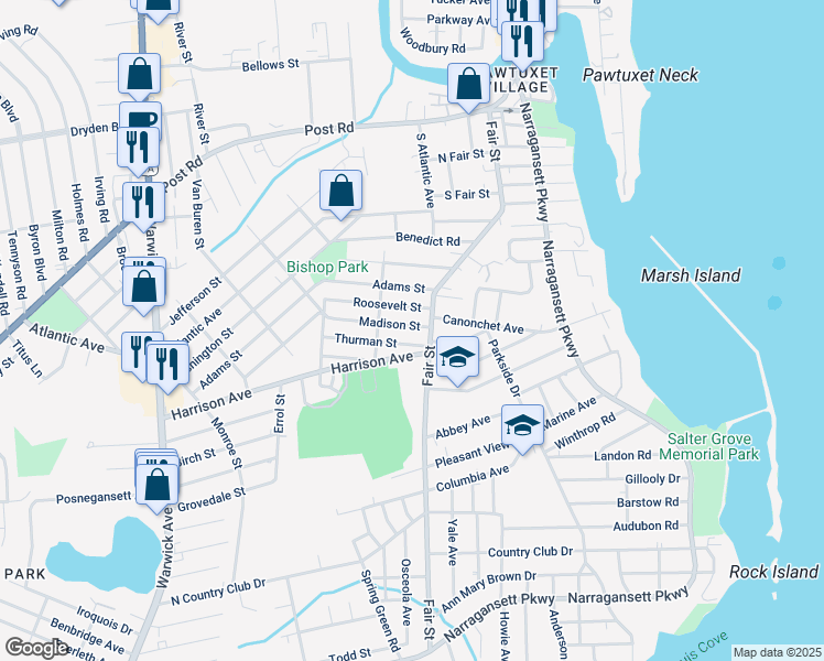 map of restaurants, bars, coffee shops, grocery stores, and more near 14 Madison Street in Warwick