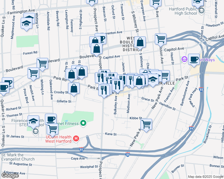 map of restaurants, bars, coffee shops, grocery stores, and more near 2074 Park Street in Hartford