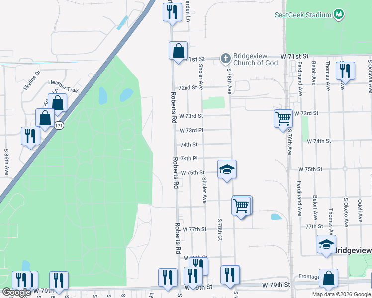 map of restaurants, bars, coffee shops, grocery stores, and more near 7355 Roberts Road in Bridgeview