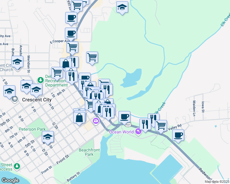 map of restaurants, bars, coffee shops, grocery stores, and more near 1700 5th St in Crescent City