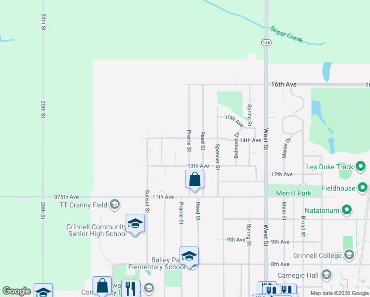 map of restaurants, bars, coffee shops, grocery stores, and more near 106 14th Avenue in Grinnell
