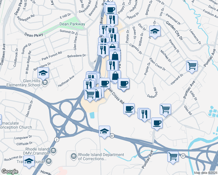 map of restaurants, bars, coffee shops, grocery stores, and more near 185 Sockanosset Cross Road in Cranston