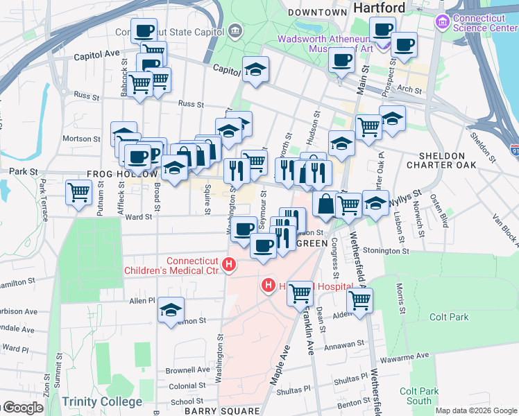 map of restaurants, bars, coffee shops, grocery stores, and more near 179 Seymour Street in Hartford