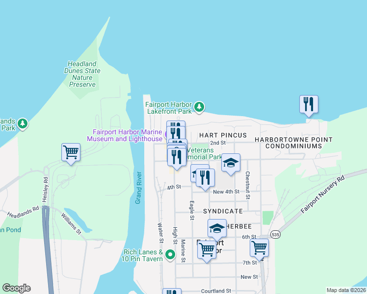 map of restaurants, bars, coffee shops, grocery stores, and more near 219 2nd Street in Fairport Harbor