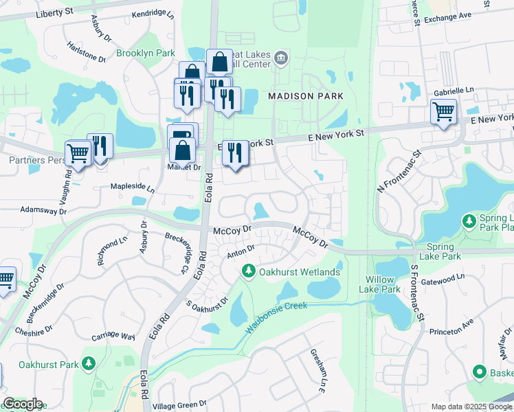 map of restaurants, bars, coffee shops, grocery stores, and more near 3056 Waters Edge Circle in Aurora