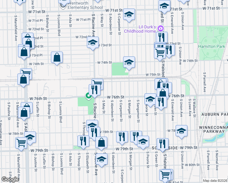 map of restaurants, bars, coffee shops, grocery stores, and more near 7535 South Aberdeen Street in Chicago