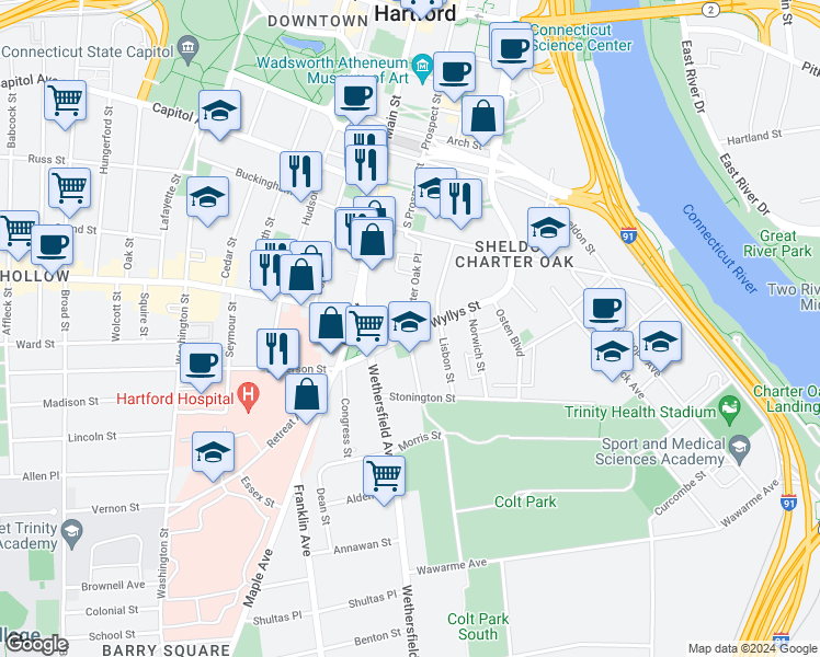 map of restaurants, bars, coffee shops, grocery stores, and more near 3 Charter Oak Pl in Hartford