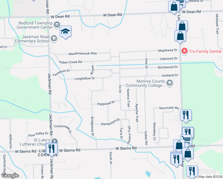 map of restaurants, bars, coffee shops, grocery stores, and more near 1388 Laurelhurst Drive in Temperance